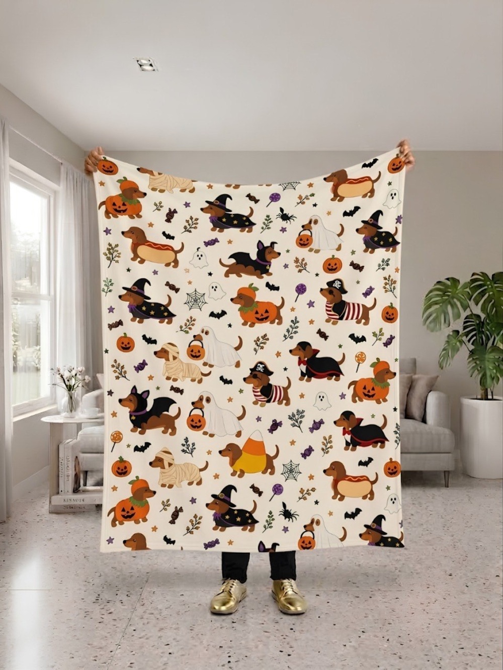 Halloween Dachshund Pattern Throw Blanket - Cream